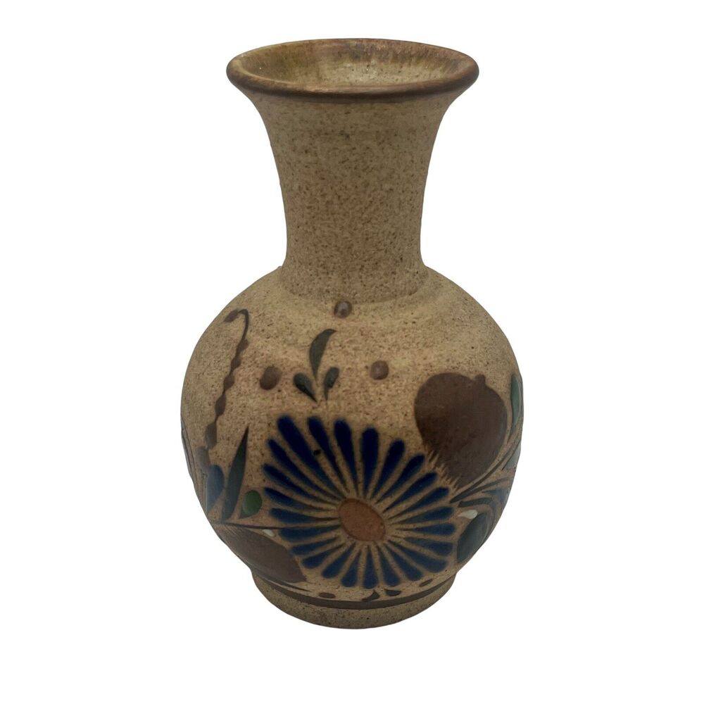 Vtg Tonala Sandstone 6" Vase Mexican Hand Painted Floral Folk Art Decor Signed